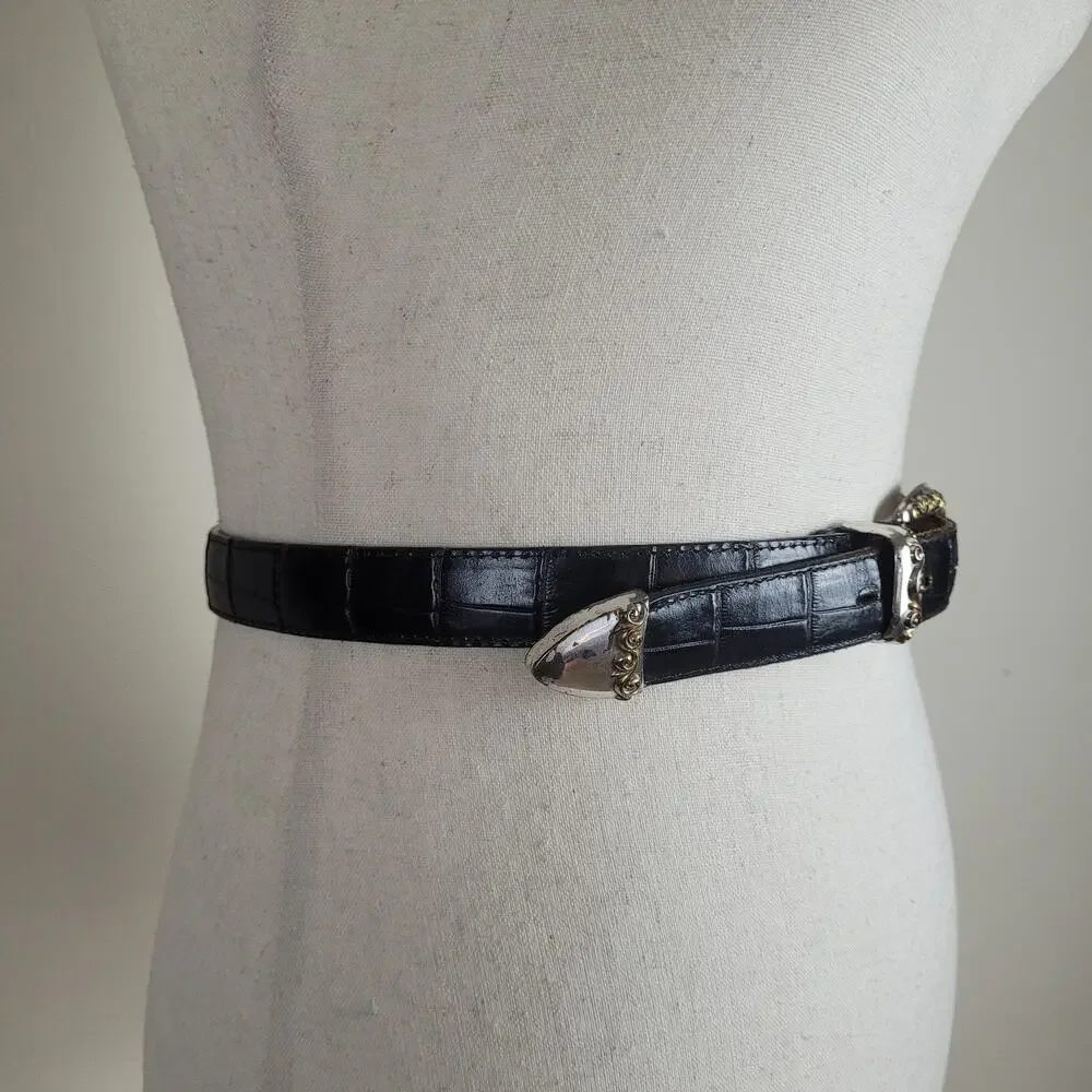 Vintage Black Leather Belt Womens Large Western Cowgirl Rodeo Croc Embossed 90s